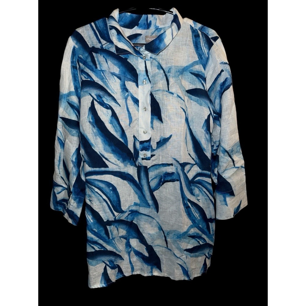Chico's Floral Linen 3/4 Sleeve Blouse Women Sz 2 Watercolor Tunic Popover